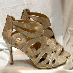 Size 9.5 Gold Nine West NWFLORA Cutout Metallic Leather Heeled Sandal